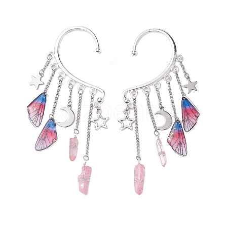 Wing Resin & Natural Quartz Crystal Points Beaded Dangle Earrings EJEW-TA00523-1