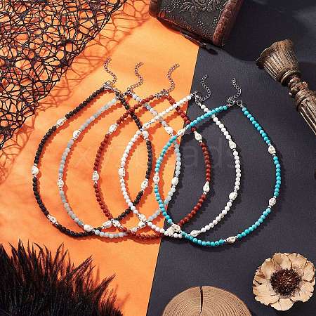 5Pcs Natural & Synthetic Round Gemstone and Skull Synthetic Turquoise Bead Necklaces NJEW-JN05391-1