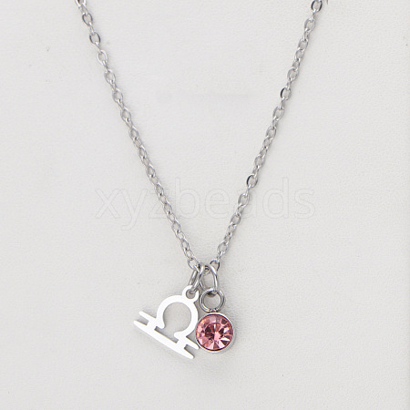 304 Stainless Steel Light Rose Rhinestone Birth Stone Constellation Pendant Necklaces FS-WG76580-22-1