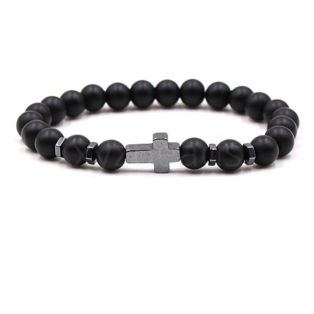 8MM Round Frosted Natural Obsidian Beaded Stretch Bracelets with Synthetic Non-magnetic Hematite Cross FA1012-18-1