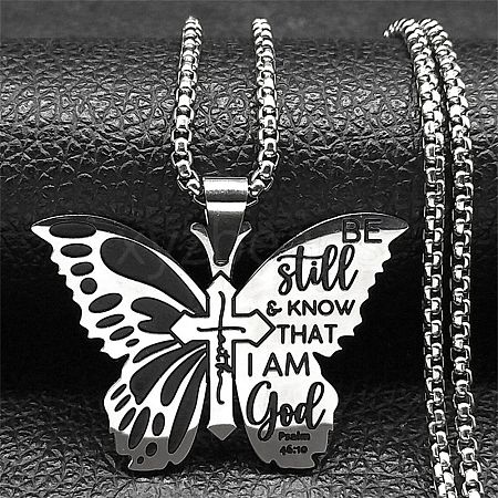 304 Stainless Steel Be Still & Know Butterfly Pendant Box Chain Necklaces STAS-D196-06P-1