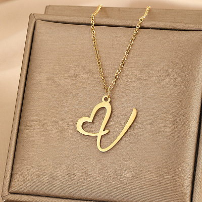 304 Stainless Steel Heart Initial Pendant Necklaces for Women Men FS-WG51A4F-16-1