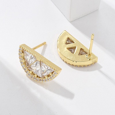 Half Round Brass Micro Pave Clear Cubic Zirconia Stud Earrings EJEW-M077-08G-1