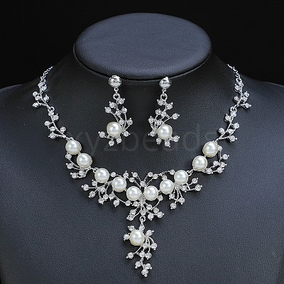 Flower Alloy & Plastic Pearl & Crystal Rhinestone Pendant Necklaces & Stud Dangle Earrings Sets FS-WG18295-01-1