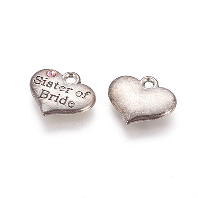 Wedding Theme Antique Silver Tone Tibetan Style Heart with Sister of Bride Rhinestone Charms TIBEP-N005-06C-1