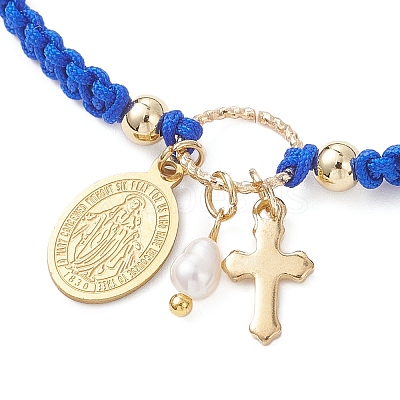 Oval with Virgin Mary & Cross 304 Stainless Steel & Natural Freshwater Pearl Charm Bracelets BJEW-JB12928-1