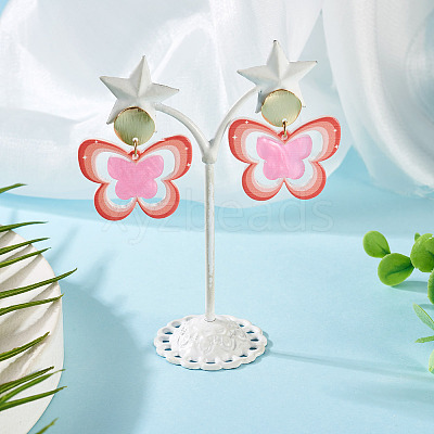 Brass Printing Acrylic Butterfly Dangle Stud Earrings EJEW-TA00671-1