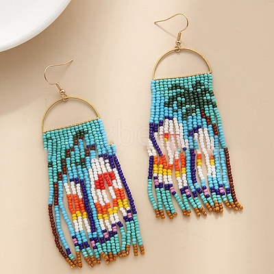 Boho Seed Bead Tree Pattern Tassel Earrings EJEW-Z072-01-1