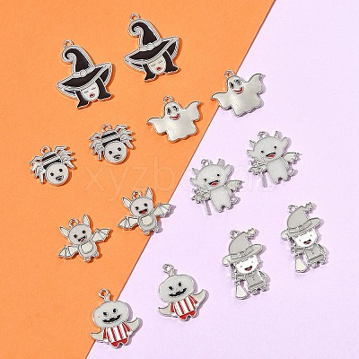 14Pcs 7 Styles Halloween Theme Rack Plating Luminous Alloy Enamel Pendants ENAM-FS0002-10P-1