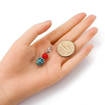 Skull Synthetic Turquoise & Resin Rose Pendant Decorations HJEW-JM03999-1