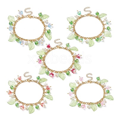 5Pcs 5 Color Glass Pearl & Trumpet Flower & Acrylic Leaf Charm Bracelets Set BJEW-JB08909-1