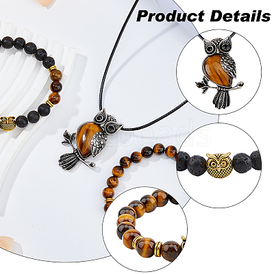 Alloy Owl Pendant Necklace & Beaded Stretch Bracelets SJEW-FI0001-06-1