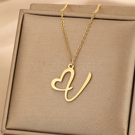 304 Stainless Steel Heart Initial Pendant Necklaces for Women Men FS-WG51A4F-16-1