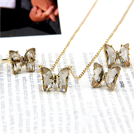 Butterfly Alloy Glass Pendant Necklaces & Stud Earrings & Rings Sets for Women WG31995-17-1