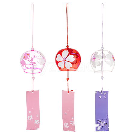 BENECREAT 3Pcs 3 Colors Japanese Sakura Glass Wind Chimes HJEW-BC0001-51-1