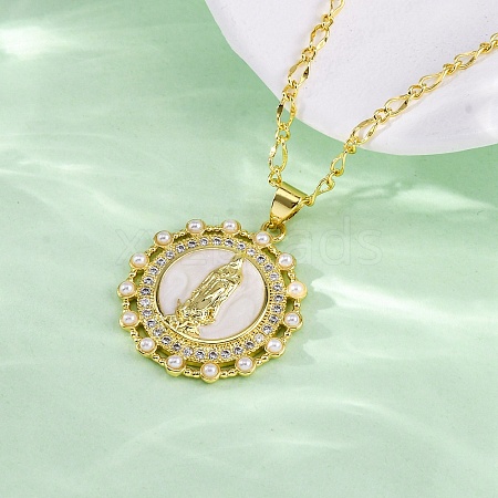 Brass Clear Cubic Zirconia Flat Round with Virgin Mary Pendant Necklaces NJEW-C071-07A-G-1