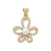 Flower Rack Plating Brass Micro Pave Cubic Zirconia with ABS Imitation pearls Pendants KK-Z074-41G-1