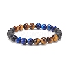 Natural Tiger Eye & Black Agate Round Beaded Stretch Bracelet BJEW-SZ0002-52B-1