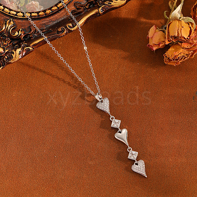 Brass Pave Clear Cubic Zirconia Heart Tassel Long Pendant 304 Stainless Steel Cable Chain Necklaces for Women WGA7C59-08-1