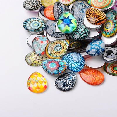 Mosaic Printed Glass Cabochons GGLA-N002-18x25-G-1