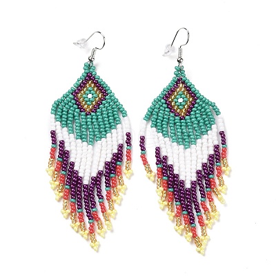 Glass Seed Braided Rhombus with Tassel Chandelier Earrings LS-EJEW-H084-05P-1