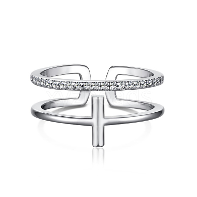 Rhodium Plated 925 Sterling Silver Cross Open Cuff Rings with Cubic Zirconia RJEW-F150-51P-1