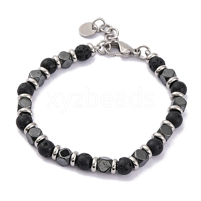 Natural Lava Rock & Synthetic Hematite Round Beaded Bracelet BJEW-P339-02P-08-1