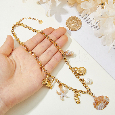 1Pc 304 Stainless Steel & Natural Cowrie Shell Pendant Bib Necklaces for Women NJEW-HS0001-25-1