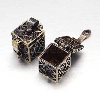 Carved Cuboid Rack Plating Brass Prayer Box Pendants KK-L101-28AB-NF-1