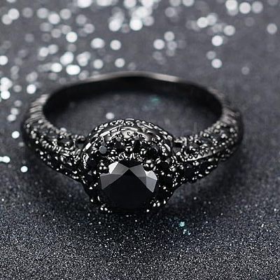 Flat Round Brass Jet Rhinestone Finger Rings FS-WG232E0-02-1