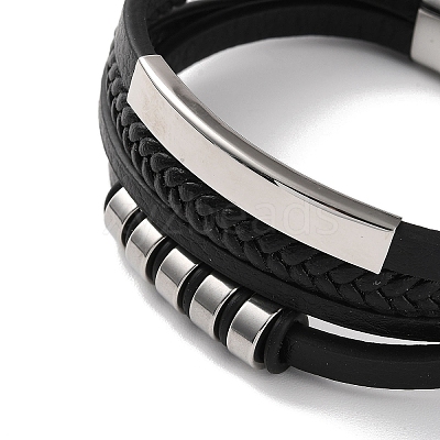 Men's Braided Black PU Leather Cord Multi-Strand Bracelets BJEW-K243-08P-1