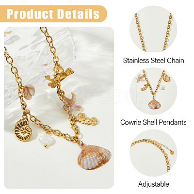 1Pc 304 Stainless Steel & Natural Cowrie Shell Pendant Bib Necklaces for Women NJEW-HS0001-25-1