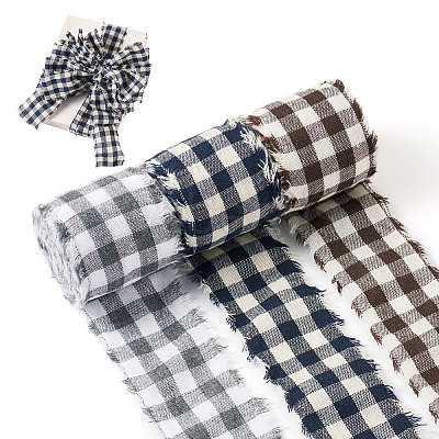 3 Rolls Tartan Cotton Linen Frayed Ribbon OCOR-TAC0035-11B-1