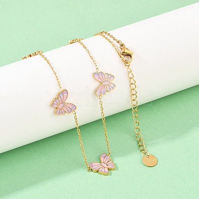 Butterfly 304 Stainless Steel Enamel Necklaces & Stud Earrings Setss for Women SJEW-K003-04G-1