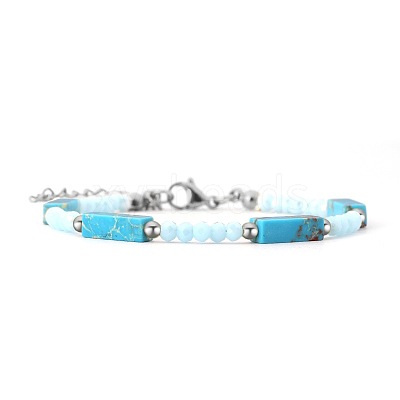 Bohemian Dyed Synthetic Imperial Jasper Cuboid and Glass Beaded Bracelets with 304 Stainless Steel End Chains PX2979-6-1