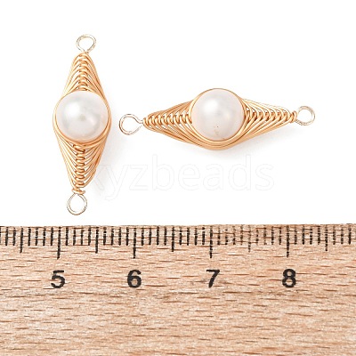 Copper Herringbone Wire-Wrapped Natural Pearl Potato Links Connector Charms KK-Z152-03G-03-1
