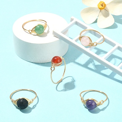 Natural Mixed Gemstone Braided Bead Finger Ring RJEW-JR00588-02-1