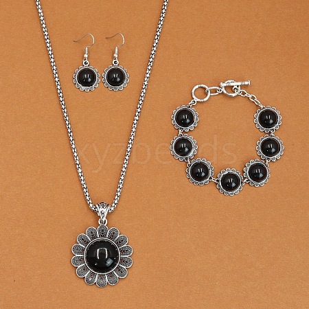 Flower Alloy with Synthetic Turquoise Pendant Necklaces & Dangle Earrings & Link Bracelets Sets WGD1135-16-1