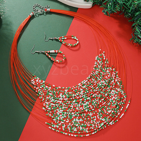 Christmas Glass Seed Beaded Multilayer Necklaces & Teardrop Dangle Earrings Sets WG44FFB-04-1