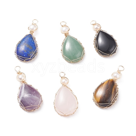 Natural Gemstone Copper Wire Wrapped Pendants PALLOY-JF01398-1