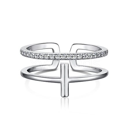 Rhodium Plated 925 Sterling Silver Cross Open Cuff Rings with Cubic Zirconia RJEW-F150-51P-1