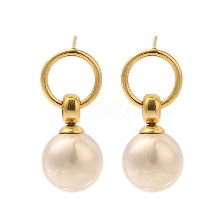 304 Stainless Steel Shell Pearl Round Stud Earrings for Women EJEW-U020-30G-02-1