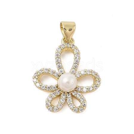 Flower Rack Plating Brass Micro Pave Cubic Zirconia with ABS Imitation pearls Pendants KK-Z074-41G-1