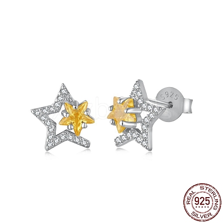 Star Rhodium Plated 925 Sterling Silver Micro Pave Cubic Zirconia Ear Studs for Women EJEW-P231-95P-1