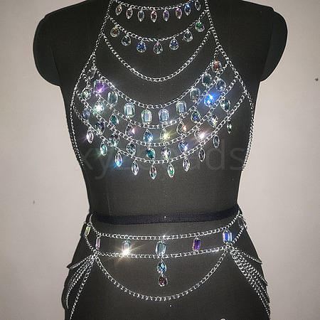 2Pcs Alloy Acrylic Rhinestone Rectangle & Teardrop Sexy Body Chains Suits for Night Club WG98F80-01-1