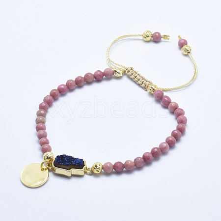 Natural Rhodochrosite Braided Bead Bracelets BJEW-I258-E02-1