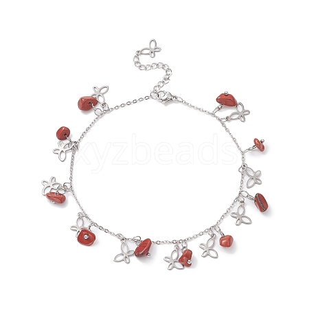 Natural Red Jasper Chips & Butterfly Charms Anklet AJEW-AN00512-07-1