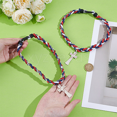 2Pcs Stainless Steel Baseball Cross Pendant Braided Nylon Cord Necklaces NJEW-UN0001-83-1