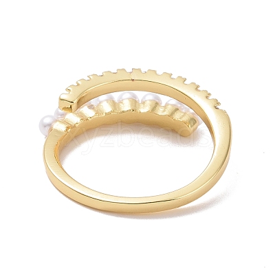 Clear Cubic Zirconia Open Cuff Ring with Acrylic Pearl Beaded RJEW-P032-15G-1