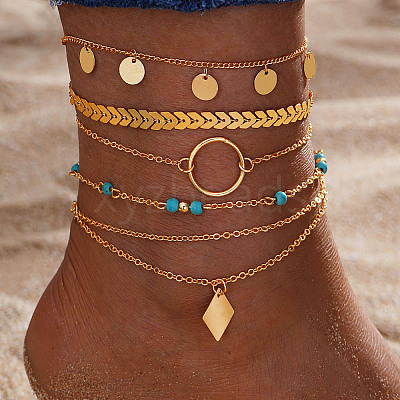 6Pcs Alloy Link & Charm Anklets WG853BB-04-1